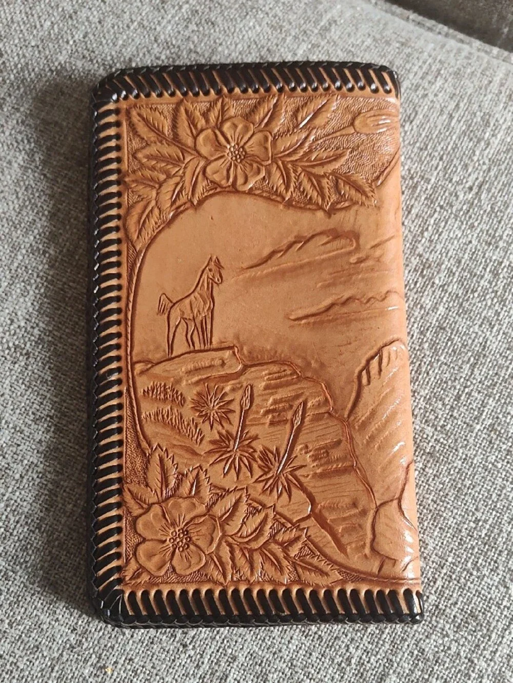 Western Tooled Tan and Black Leather Wallet with Cowboy And Horse Motif